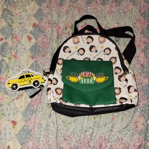 Central Perk/Friends Backpack with Cartoon Faces And Taxi Keychain Wallet